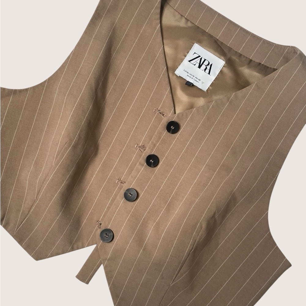 💜 Zara Brown & Cream Adjustable Pinstripe Vest | Size: XL - Picture 2 of 7